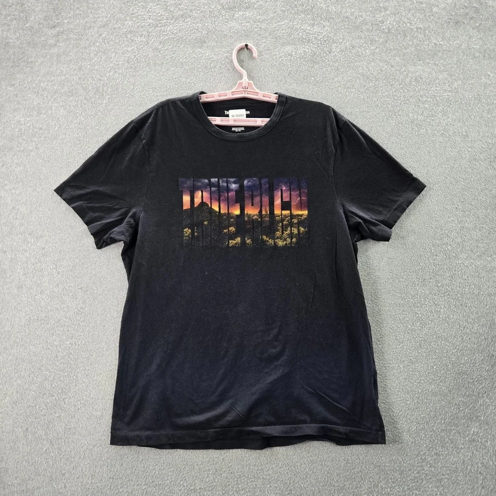 True Religion Men‎ Shirt XXL Black Graphic Print Sunset Landscape Short Sleeve